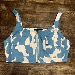 Cider Blue & White Front Zip Crop Top Tank Top Size Medium